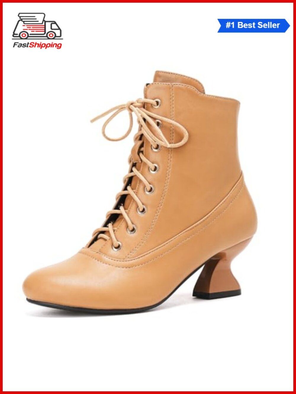 Kitten Heel Ankle Boots Lace Up Round Toe Side Zipper